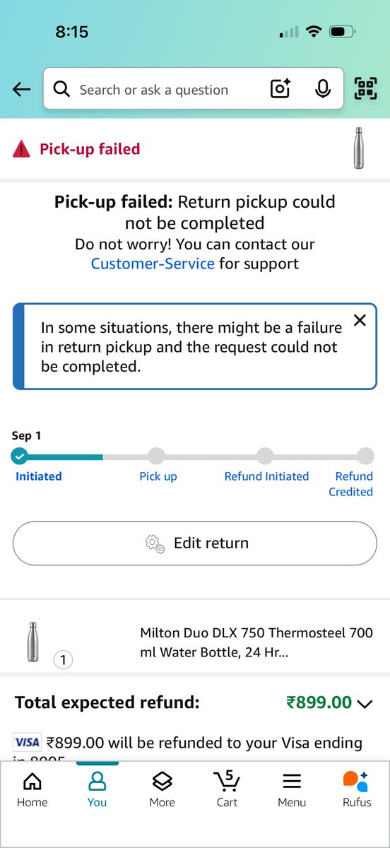 rawatamit1994's tweet photo. @amazonIN I ordered a Milton 750ml bottle, but the pickup failed twice. The issue is still not resolved. Please look into this matter urgently. Order ID: 403-8660440-7952341. #AmazonHelp https://t.co/OoFXlbd73N