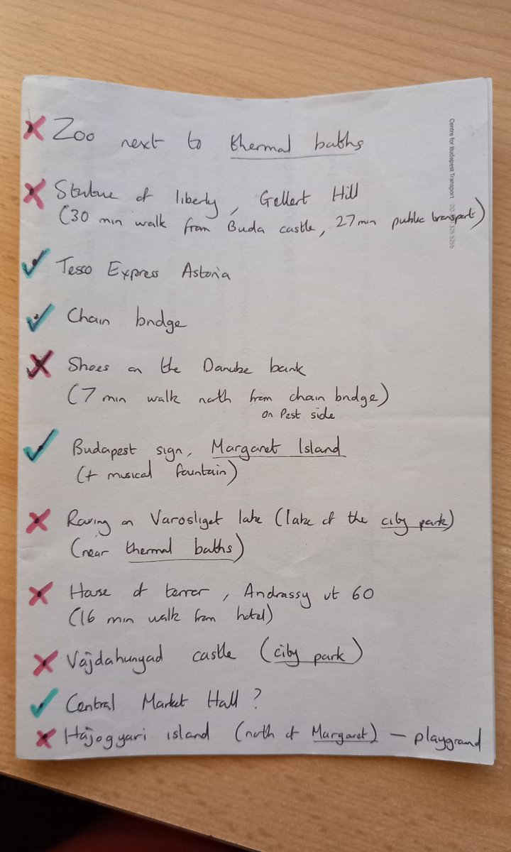 paulshaw's tweet image. Just found list of things I wrote down for Budapest: 4 ticks (although one was checking out Tesco #lowbar &amp;amp; one was chain bridge which you can't miss) &amp;amp; 7 crosses (also didn't visit House of Houdini). Did see the shoes, but it was dark &amp;amp; no camera so doesn't count. #budapest