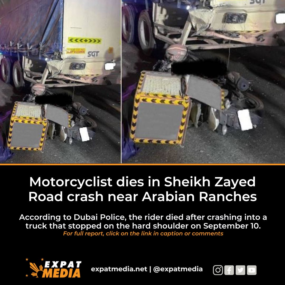 ExpatMediaUAE's tweet image. Fatal crash on Sheikh Zayed Road on September 10: A motorcyclist died after colliding with a truck that stopped on the hard shoulder. 

Details: expatmedia.net/motorcyclist-d…

#Dubai #SheikhZayedRoad #TrafficSafety #expatmedia