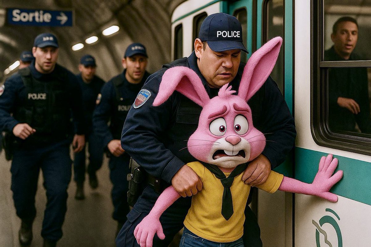 🚨🇫🇷 FLASH – Serge le Lapin a été ARRÊTÉ par la police après avoir tenté de bloquer le métro pendant la manifestation #BloquonsTout.