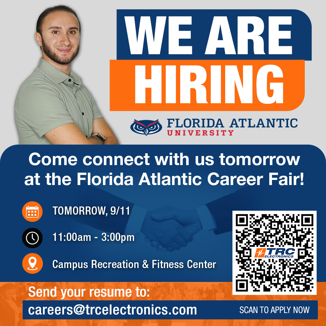 Come see us tomorrow at the FAU Career Fair from 11am - 3pm! 

Bring your resume, and explore the amazing growth opportunities TRC offers—we look forward to connecting with you! 

Go Owls! 🦉