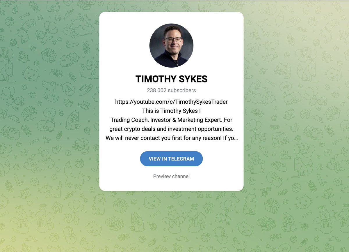 Daily reminder this 238,000+ person Telegram channel using my name/photos  to scam people with crypto is NOT me, block and report  https://t.co/By4tkswbYc and realize this is why crypto will ALWAYS be held