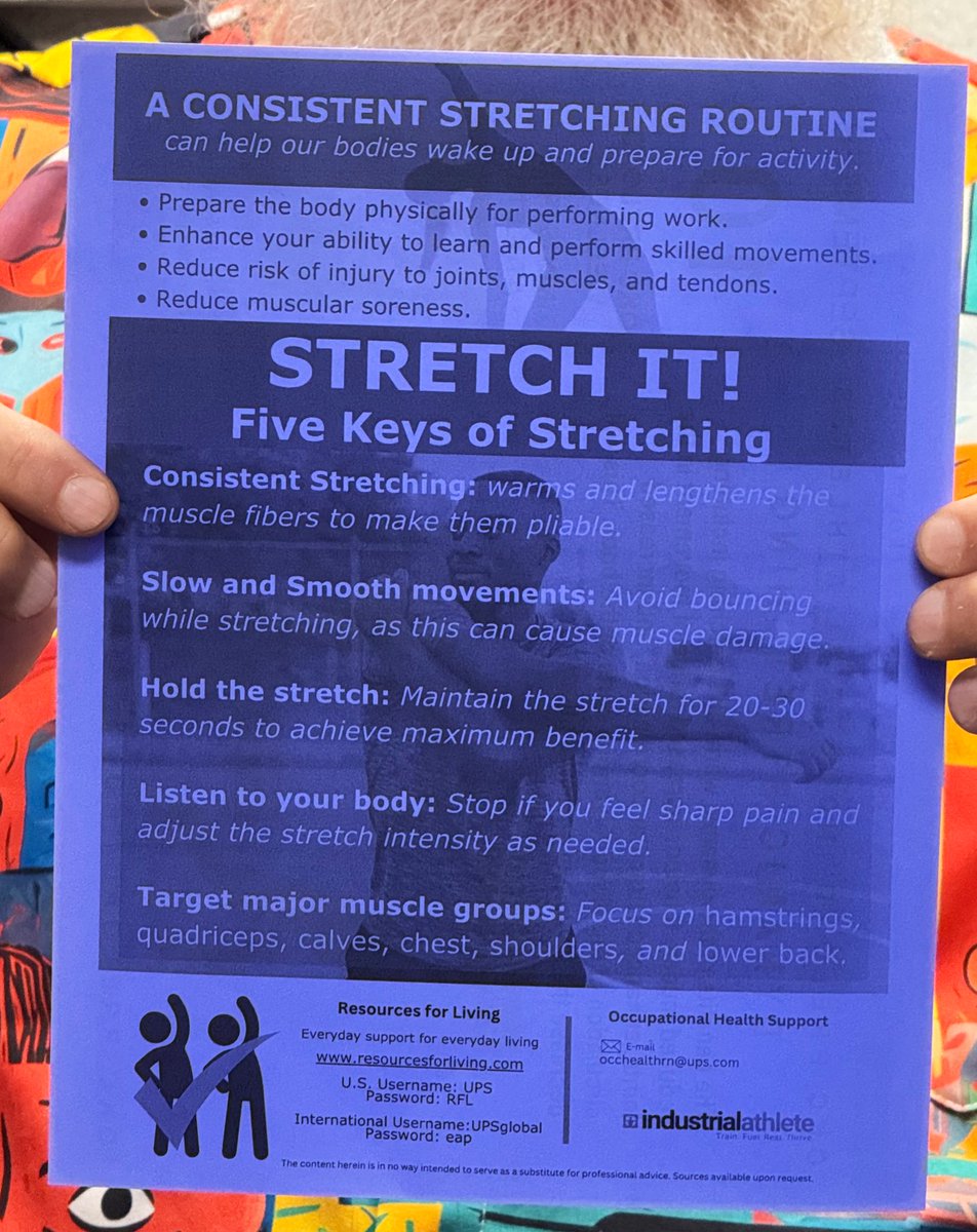 Good #WellnessWednesdays   #OKC #Preload James has today’s #PCM over #DynamicStretch stretching warms up your muscles for the day lessening the chance of strains #UPS
