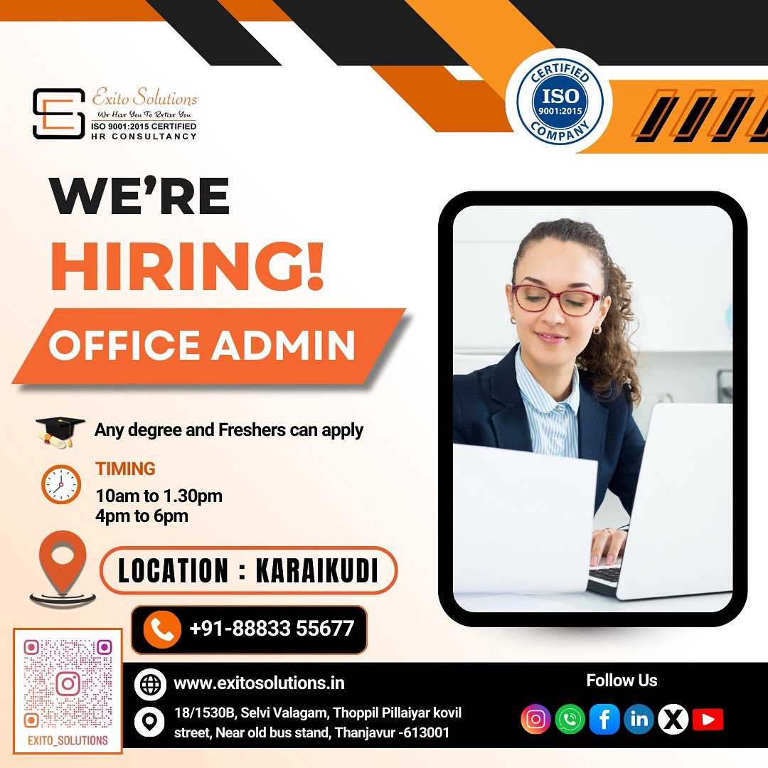 exitoashwin's tweet image. HIRING ADMIN
CALL 8883355677
EXITOSOLUTIONS.IN

#exitosolutions #karaikudi