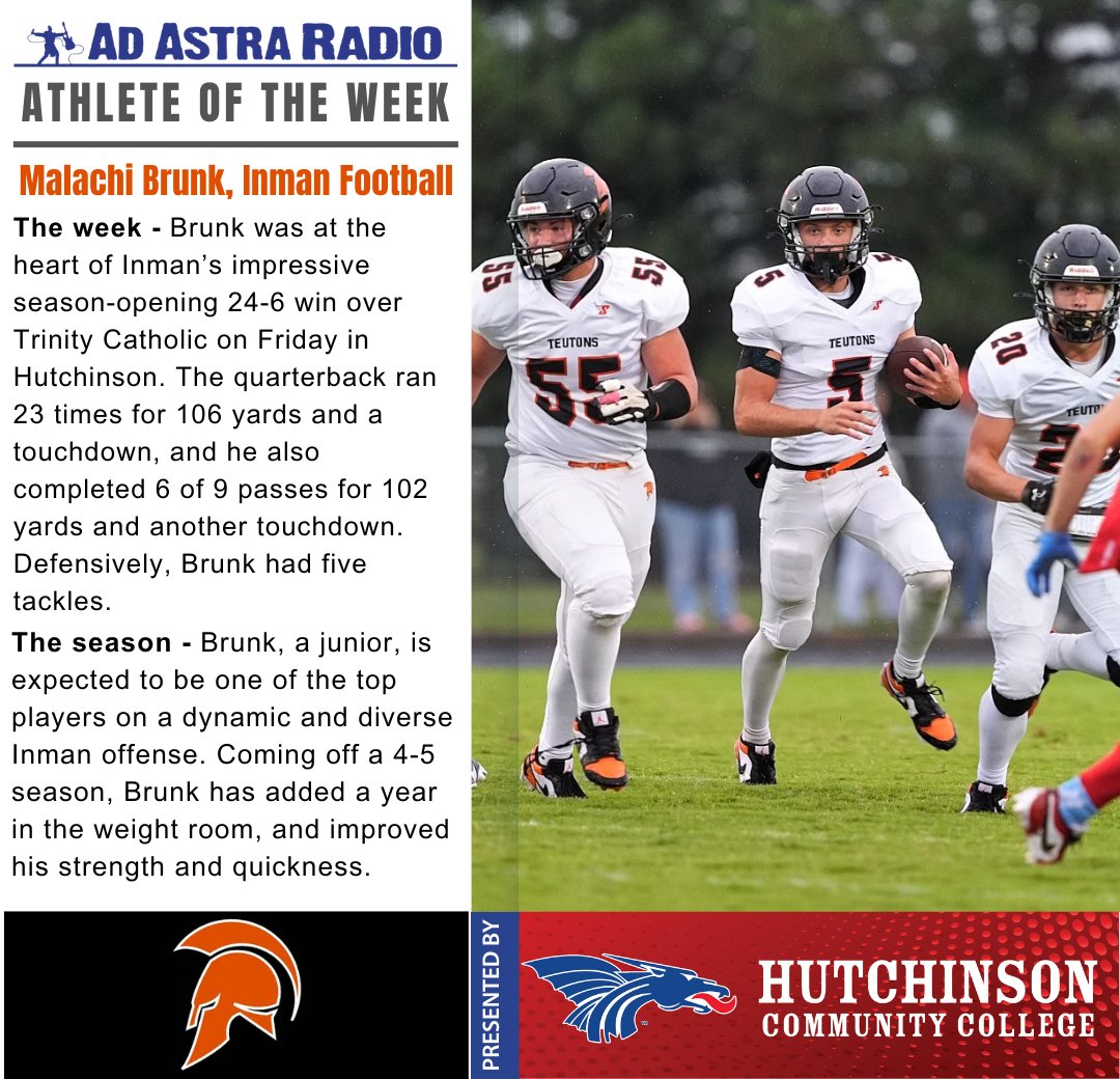 🏈 🎉 Ad Astra Radio is proud to announce Inman High School junior Malachi Brunk as the Athlete of the Week, presented by Hutchinson Community College! 

📸 Photo Credit: Doug Neufeld

#AOTW #AthleticAchievements #InmanHighSchool #HighSchoolFootball #adastrasports