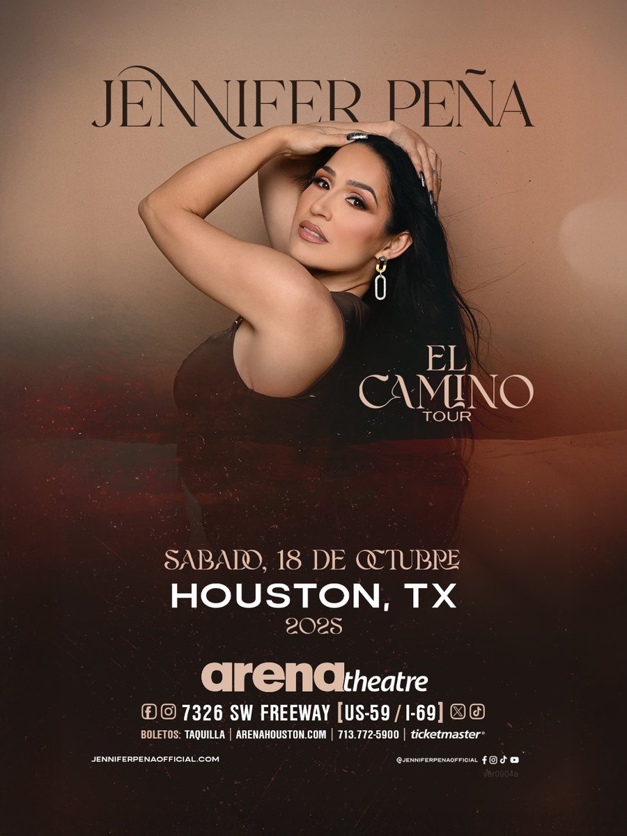 🟢 Boletos en Venta 🟢

#jenniferpenamusic presenta su El Camino Tour ✨
¡Un concierto lleno de grandes éxitos y momentos inolvidables en Houston!

🗓 Sábado, 18 de octubre, 2025
👉 bit.ly/4mR3tiw
📞 713-772-5900

#ElCaminoTour #JenniferPeña #ArenaTheatre