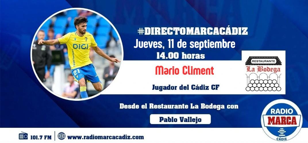 🔵💛 ¡Este jueves tenemos entrevista especial en #DirectoMARCACádiz!

🎙️ Con Mario Climent, jugador del Cádiz CF

📍 Desde el Restaurante La Bodega a partir de las 14.00h 

📻 101.7 FM | App RM Cádiz