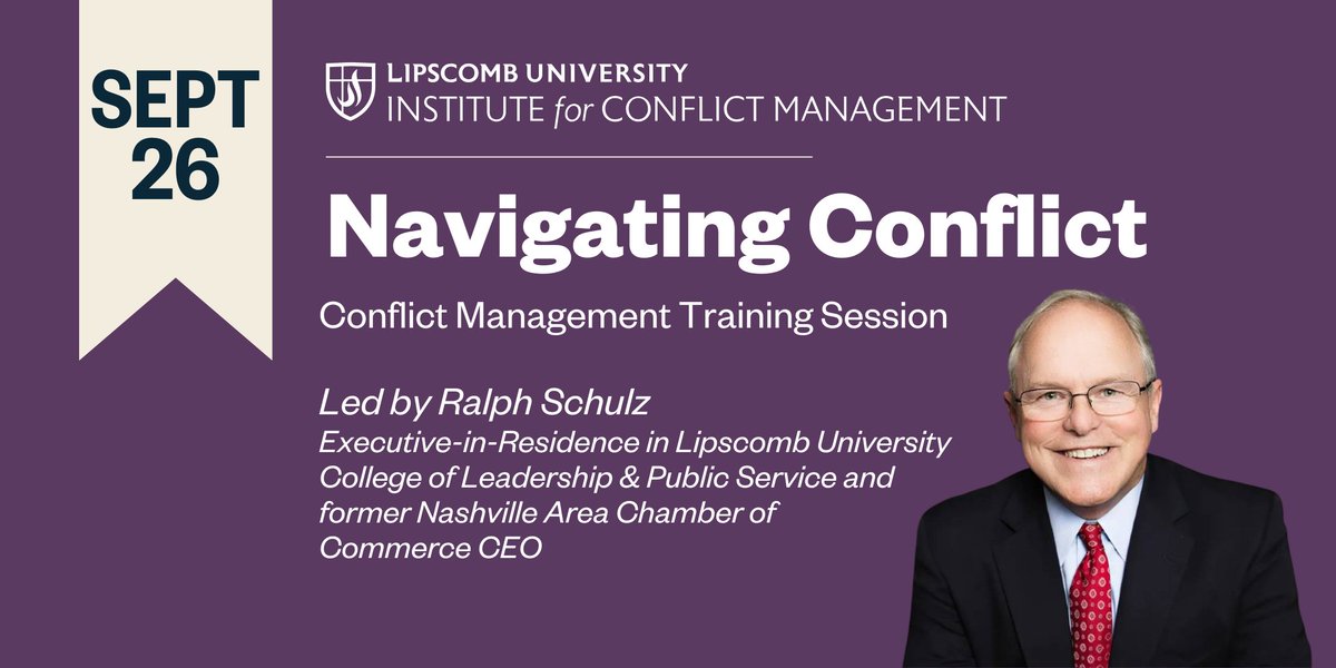 Join the next Lunch &amp; Learn scheduled for Friday, September 26, which features Executive-in-Residence Ralph Schulz presenting "Navigating Conflict" at the downtown Spark Center.

Registration is free, and lunch and parking will be provided.
grad.lipscomb.edu/register/?id=4…

#LipscombICM