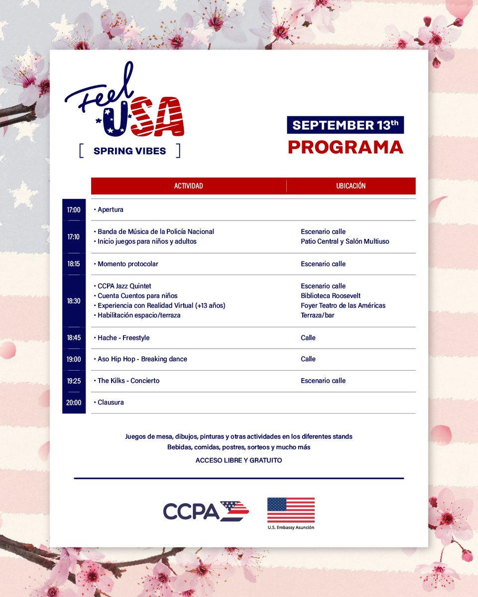 🎉 ¡Feel USA 2025 te espera! 🎉

Vení a disfrutar de una tarde de arte, música y actividades con toda la familia y amigos.

🗓️ Sábado, 13 de septiembre ⏰ 16:30 a 20:00 hs. 📍 José Bergers N° 297 c/ Juan de Mena.

No podes faltar…! 🎶✨💯

#SpringVibes ​#FeelUSA2025