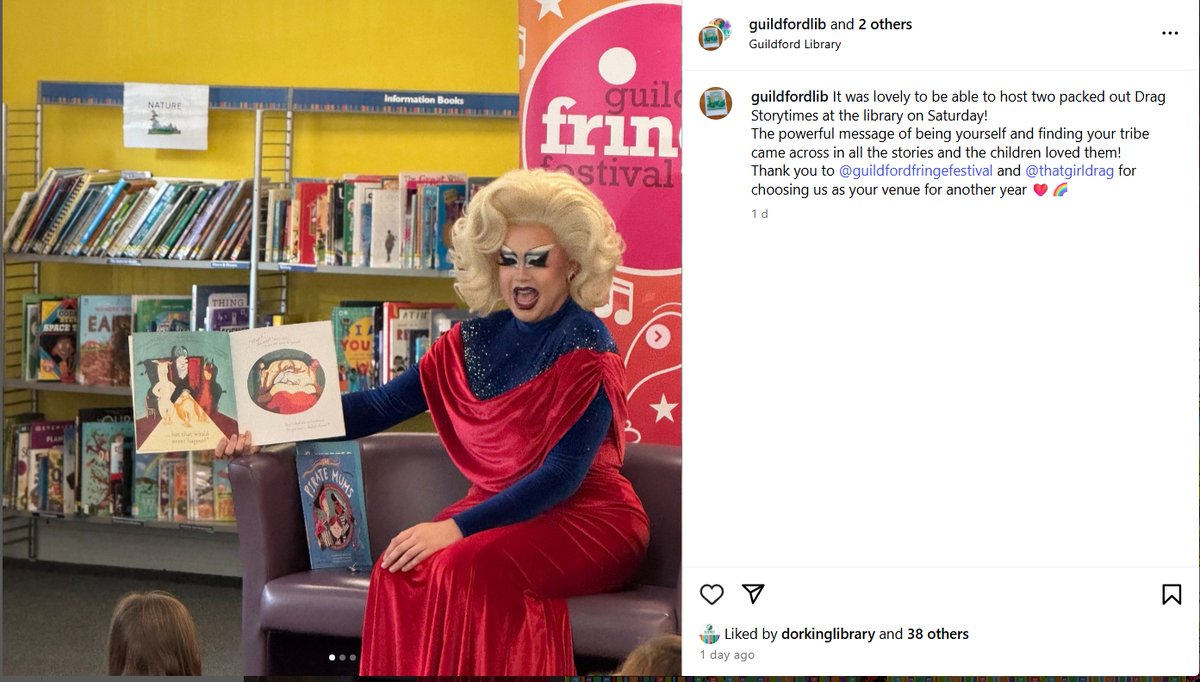 . <a href="/GuildfordLib/">Guildford Library</a>  Why are you hosting drag storytimes? A man mocking womanhood isn’t inclusive—it’s offensive and inappropriate for children. What’s your goal here?
#MisogynyInDisguise #NoDragForChildren