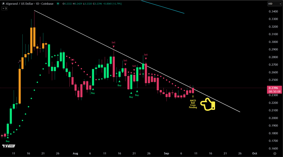 JesseOlson's tweet photo. Pending MACD bullish crossover on $ALGO's daily chart. 

Quick notes: 
• -35% correction lasting 53 days so far
• Candle close above trending dots
• Could see a candle close above trend line
• Could see an RSI buy signal soon
• Could see a buy signal soon https://t.co/7NWO2j3cbH