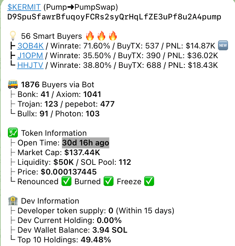 daVinci018's tweet photo. 🚀 Ticker:$KERMIT
🧬 CA:D9SpuSfawrBfuqoyFCRs2syQrHqLfZE3uPf8u2A4pump

💸 MC:$137.44K
🕒 Time:30d 16h ago
🧠 Smart Buyers：556

🔮 Signal 👉 https://t.co/0AC0WIDdT6
⚡ Turbo Buy: https://t.co/KNXuOhSdWr
🔧 Claim Rent,Get Free SOL🔧 https://t.co/D3YbnmQgBH