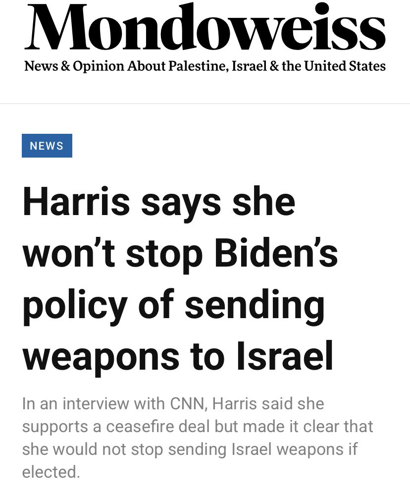 Kamala Harris is trying to blame Biden for stopping her from supporting Palestinians.

She is trying to rewrite history &amp; erase her complicity.

She didn’t break with him on Israel bc she supported everything Israel did &amp; explicitly pledged to never stop sending them weapons.