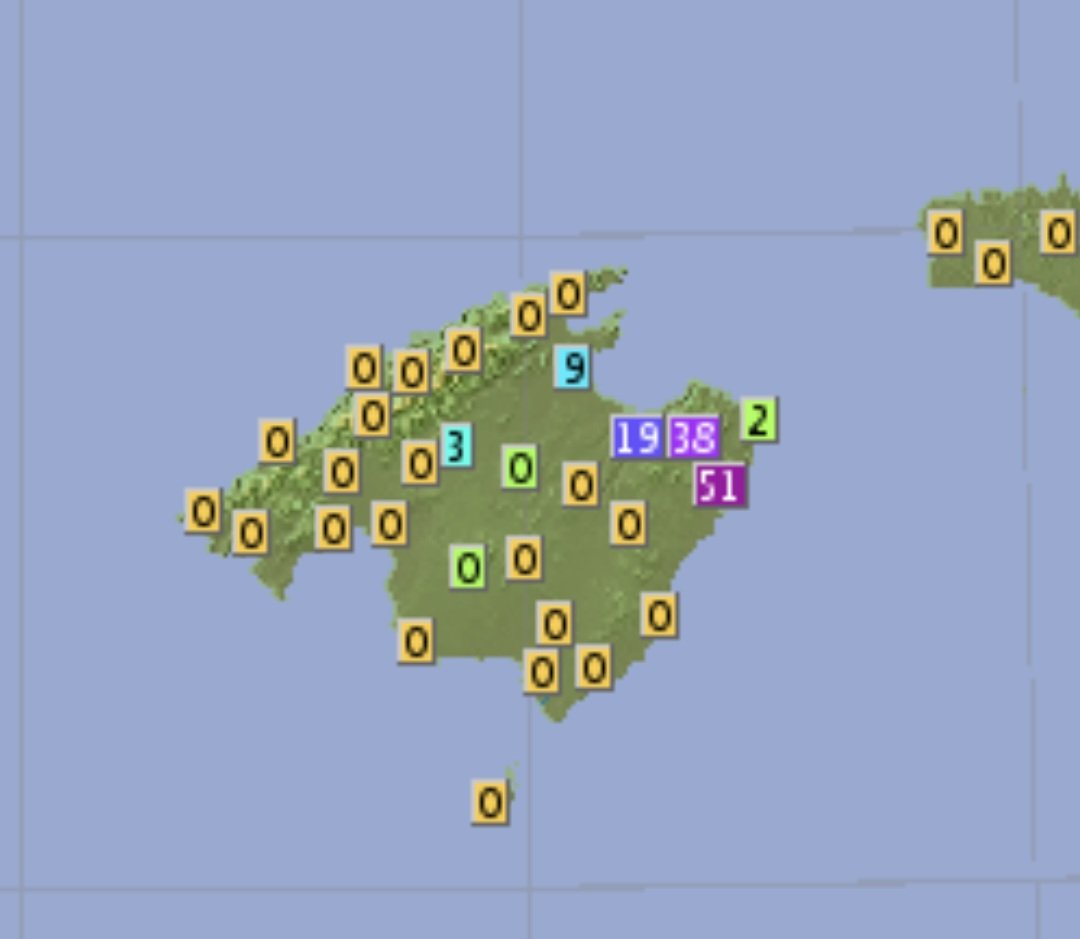 Tormentas y Chubascos torrenciales azotan el nordeste de Mallorca.
Son Servera 51 l/m2 en 20 minutos.
Artà 38 l/m2 en 30 minutos.
C. Sant Père 19 l/m2