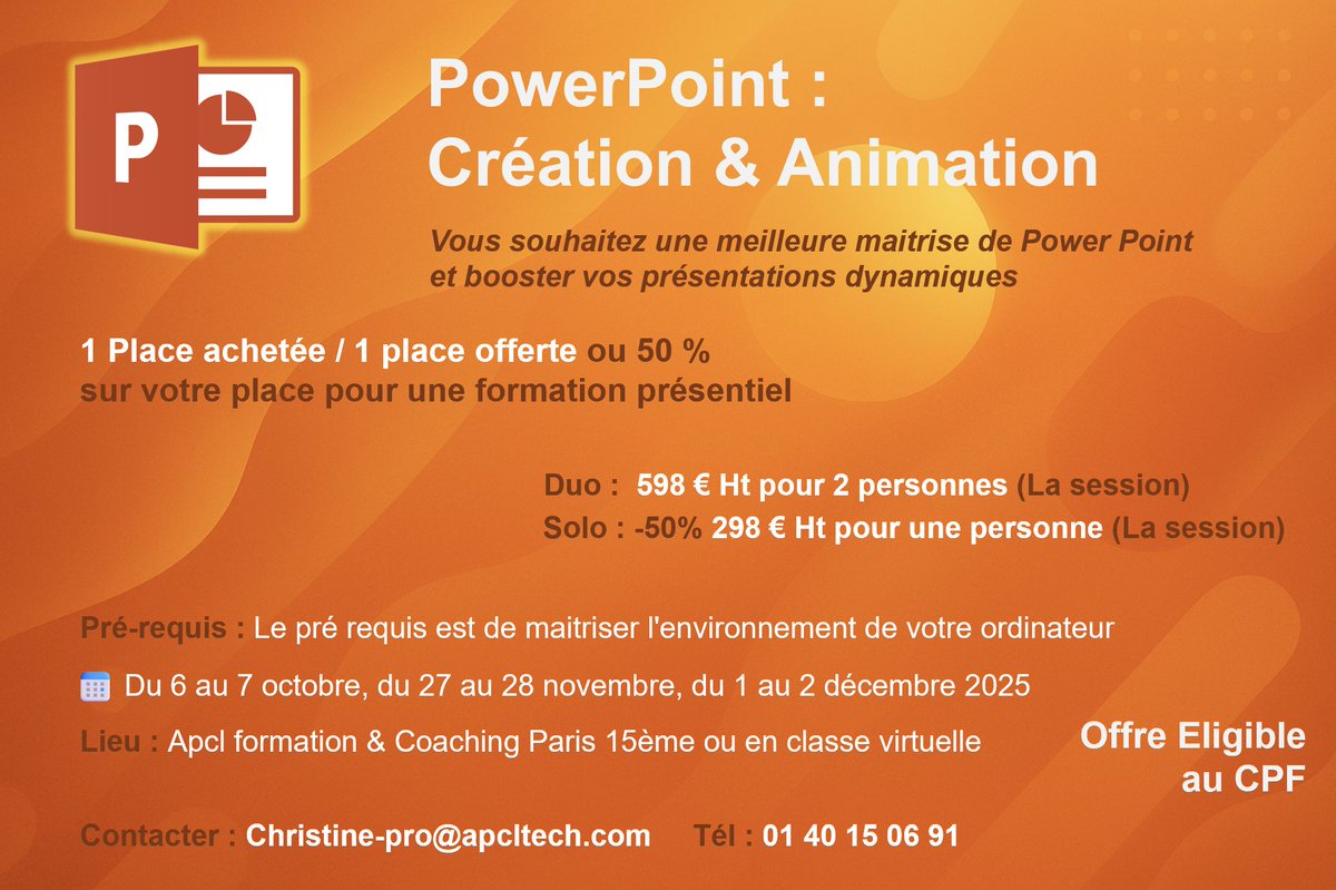ApclFormations's tweet image. Formation Power Point Création &amp;amp; Animation
Vous souhaitez une meilleure maitrise de Power Point et booster vos présentations dynamiques
#Formation_Power_Point #Power_Point_Creation_Animation #Apcl #Technologies #CPF