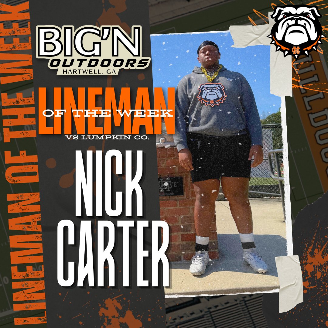 🏈 BIG’N Outdoors Lineman of the Week 🏈
Congratulations to Nick Carter for being named Lineman of the Week vs. Lumpkin County! 💪🔥
Way to hold it down in the trenches!
#GoDogs #BulldogNation #CommitToTheHC #OneHartBeat