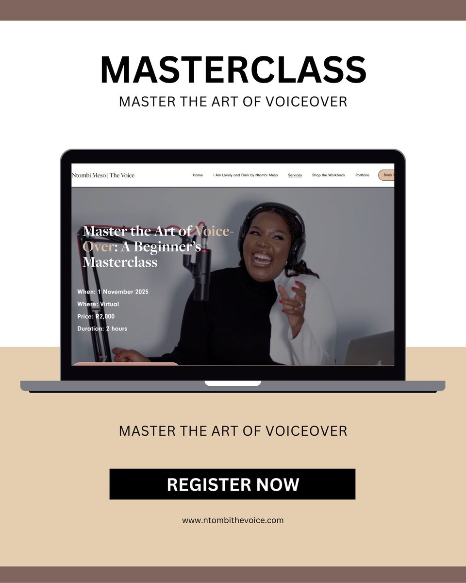 I’ll be hosting the final masterclass for this year on the 1st of November! 

Seats are limited to keep this intimate, everyone will get one-on-one focused, practical engagement and real-time feedback. 

Book your seat ❤️

ntombithevoice.com/voiceover-mast…