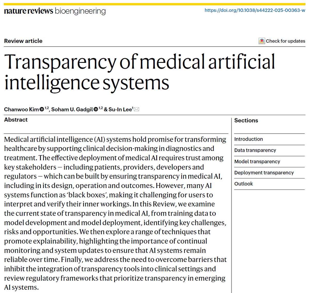 suinleelab's tweet image. Nothing more fun than working with brilliant students @uwcse @ChanwooKim_ & @soham_gadgil on our Nature Reviews bioengineering paper!🎉We review challenges & opportunities for making medical AI trustworthy through transparency in data, models & deployment. nature.com/articles/s4422…