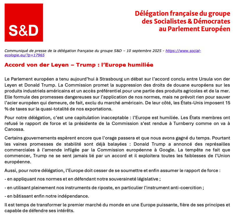 Accord von der Leyen – Trump : l’Europe humiliée

Lire notre communiqué de presse suite au débat sur l’accord conclu entre Ursula von der Leyen et Donald Trump

--&gt; social-ecologie.eu/accord-von-der…