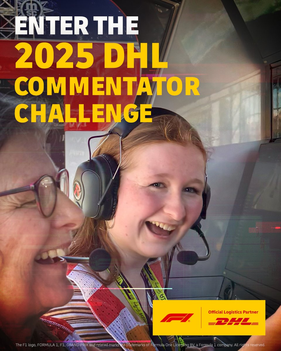 DHL_Motorsports's tweet photo. The 2025 DHL Commentator Challenge is calling... ๐๏ธ
Think youโve got what it takes to be crowned our next champion?
Enter now: https://t.co/r0ZtVuHD5S
#F1 #DHL #DHLF1 #CommentatorChallenge https://t.co/a8vnJveT5s
