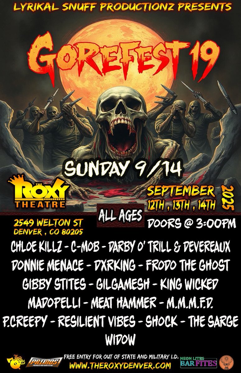 The lineups for each day for #Gorefest19 have arrived, and it's gonna be a crazy ass weekend in Denver 4sho! Catch me on Friday with Freakshow &amp; <a href="/official_ir8/">IR8</a> for Brothers of Chaos, and on Saturday, I'll be rocking my solo set with IR8 on the drums. LET'S FUCKIN GOOOO!!!🩸😈👆🏾🩸