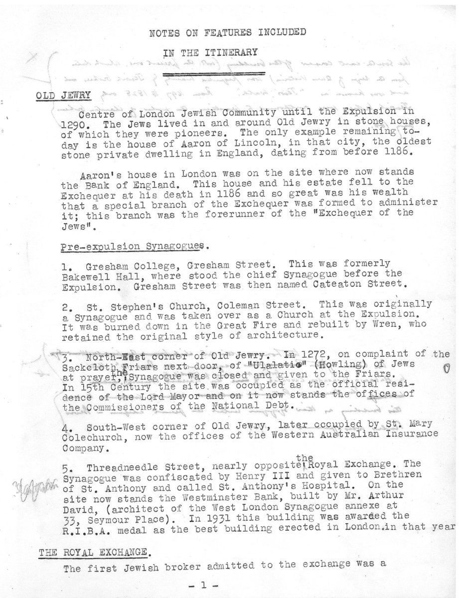 From 1937, the West London Synagogue's itinerary for a tour of London illustrating Anglo-Jewish history. It details "places to be visited" and "notes thereon" <a href="/JewishStudiesUK/">BIAJS</a> <a href="/SeeTheTreasures/">Hidden Treasures</a> <a href="/ParkesInstitute/">Parkes Institute</a>