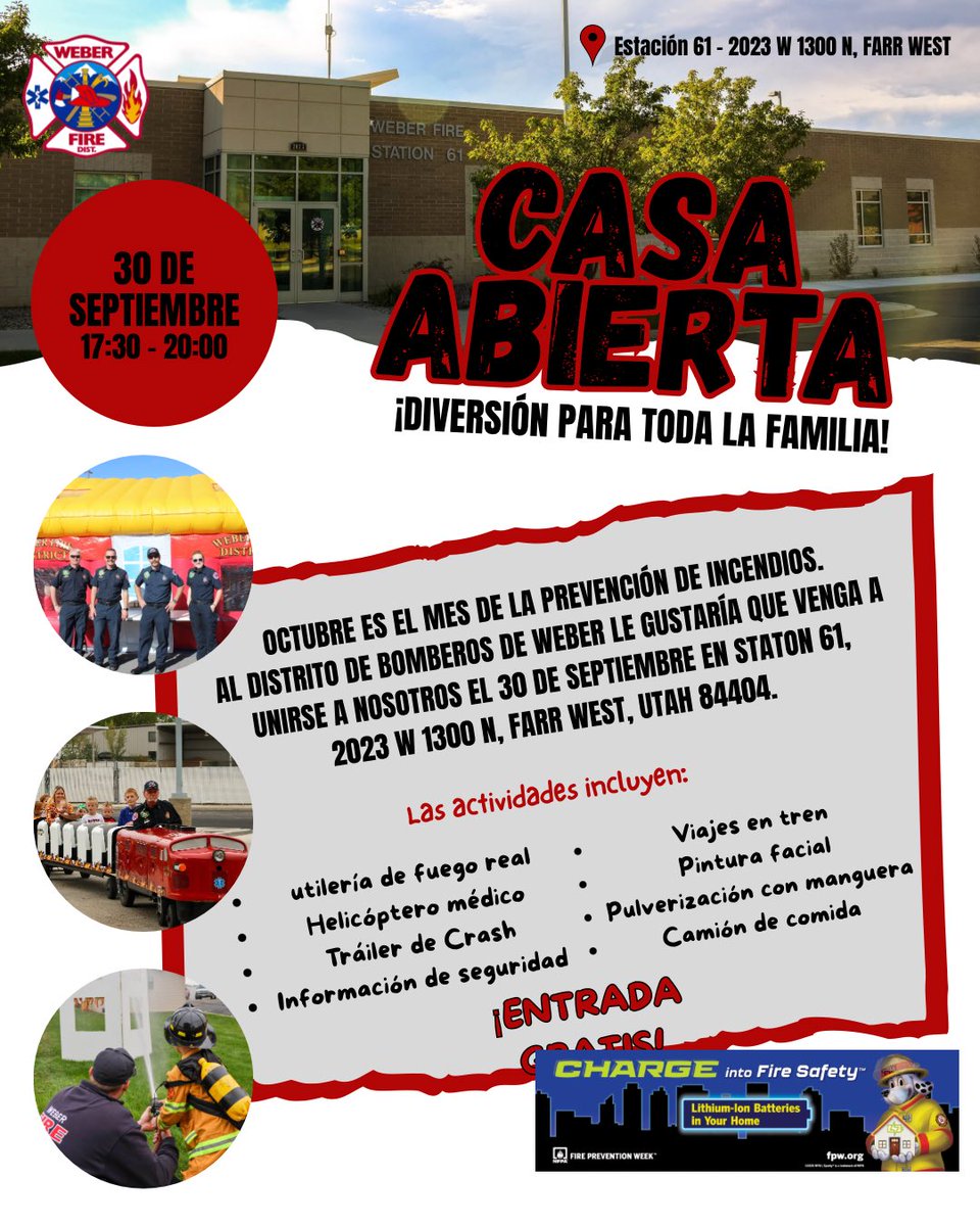 🔥🚒 2025 OPEN HOUSE 🚑🔥 Join us for a night of demos, food trucks &amp; fire safety fun!
📍 Station 61 – Farr West 🗓️ Tues, Sept 30, 2025 ⏰ 5:30–8:00 PM
Bring the family &amp; see your fire crews in action! 
#WeberFireDistrict #FireSafety