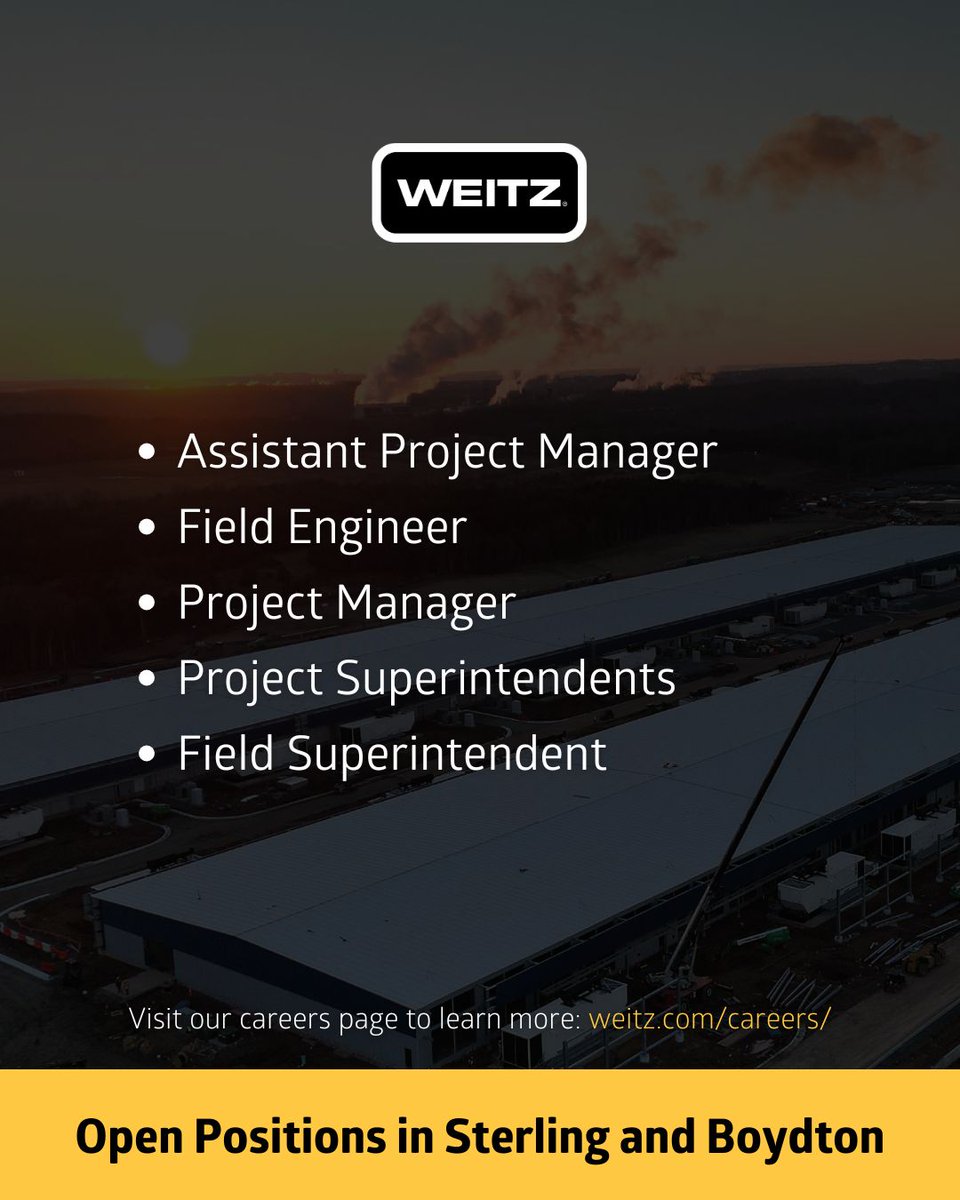 TheWeitzCompany's tweet photo. Join our Mission Critical team in Virginia! The Weitz Company is hiring for various roles in Sterling and Boydton.
For more information, visit https://t.co/8N65I22LBw
#BuildABetterWay #ConstructionCareers https://t.co/KjxKqyMZZE