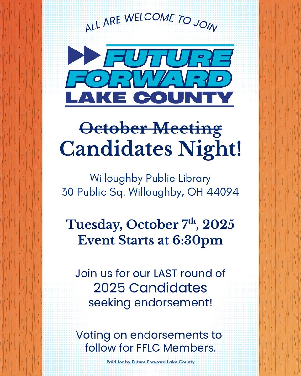 FutureForwardOH's tweet photo. Fall is in our future! Join us for our last 2025 Candidates Night on October 7! https://t.co/31Qyj2DPet