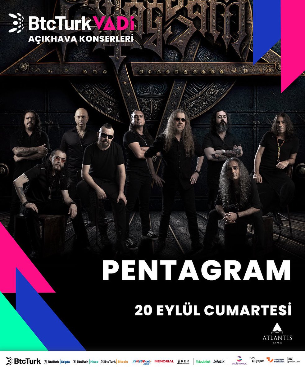 ⚡ Rock tutkunları için unutulmaz bir gece!
Türkiye’nin heavy metal efsanesi Pentagram, 
20 Eylül’de BtcTurk Vadi sahnesinde! 🤘🔥
Bu enerjiyi kaçırma.
🎫 Biletler Biletix ve Bubilet’te!