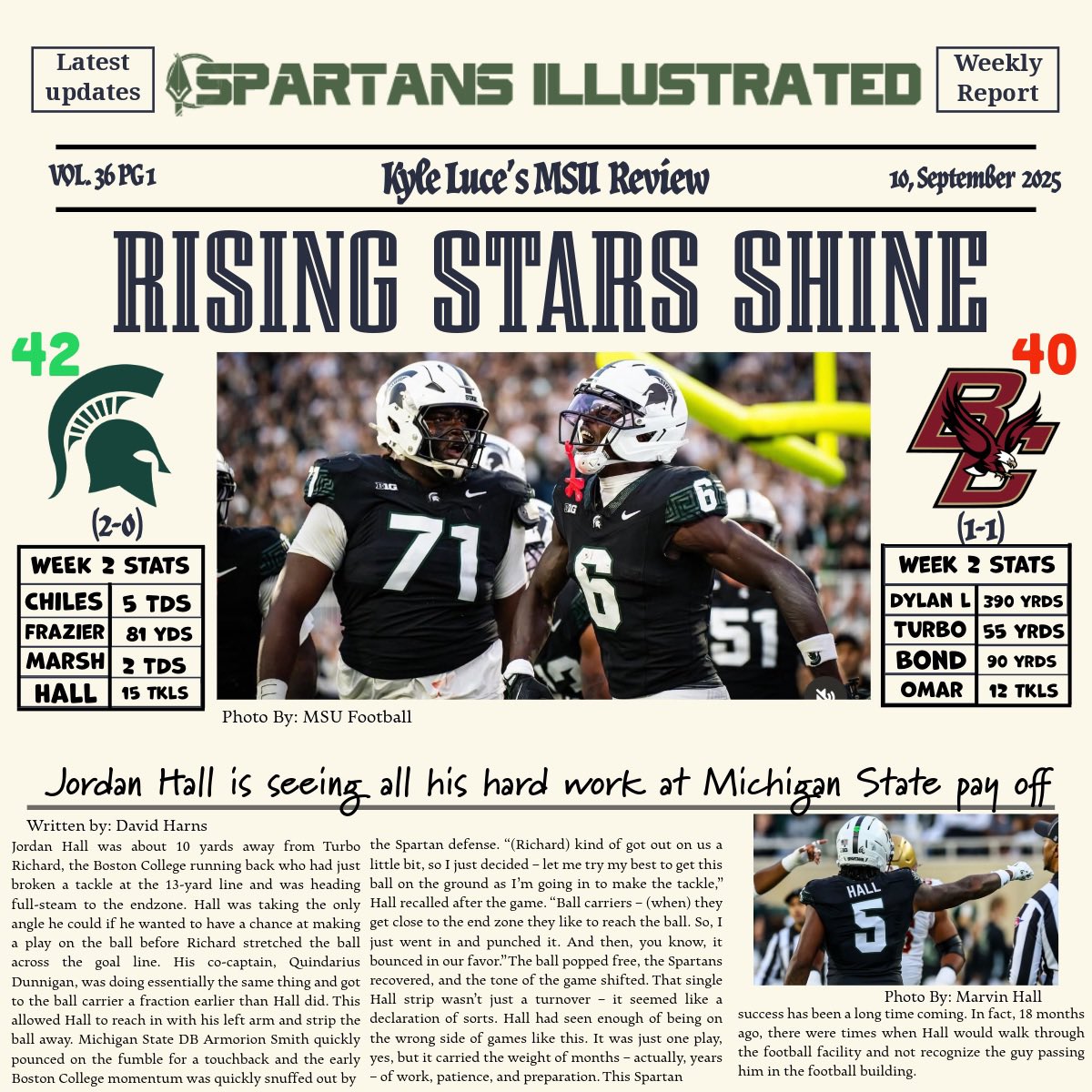 Spartans_Illo's tweet photo. Vol. 36 of the “MSU Review” 

- Spartans win OT thriller vs BC 🏈
- Jonathan Smith looks to go 3-0 back to back seasons 🟢 ⚪️ 
- T.W.I.S.H : 9/10/2016 - Spartan Logo named No.1 logo in college. 

And more 👇 https://t.co/C05aFZKu0n