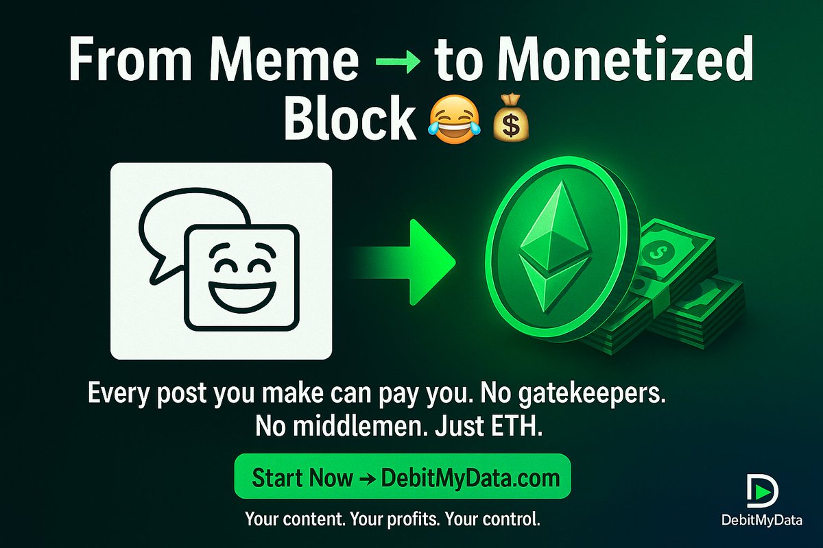 DebitMyDataTV's tweet image. From meme → to monetized block 😂💰
 Every post you make can pay you.
 No gatekeepers. No middlemen. Just ETH.
Start now → DebitMyData.com
#NFTCommunity #Web3Creators #NFTTools