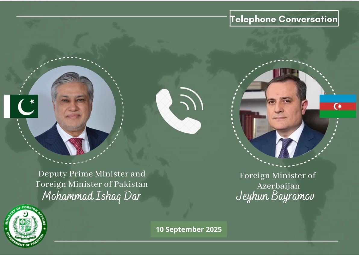 Deputy Prime Minister/Foreign Minister, Senator Mohammad Ishaq Dar <a href="/MIshaqDar50/">Ishaq Dar</a> today spoke with the Foreign Minister of  Azerbaijan, Jeyhun Bayramov <a href="/Bayramov_Jeyhun/">Jeyhun Bayramov</a>. 

The two leaders discussed bilateral matters of mutual interest and followed up on Prime Minister Shehbaz