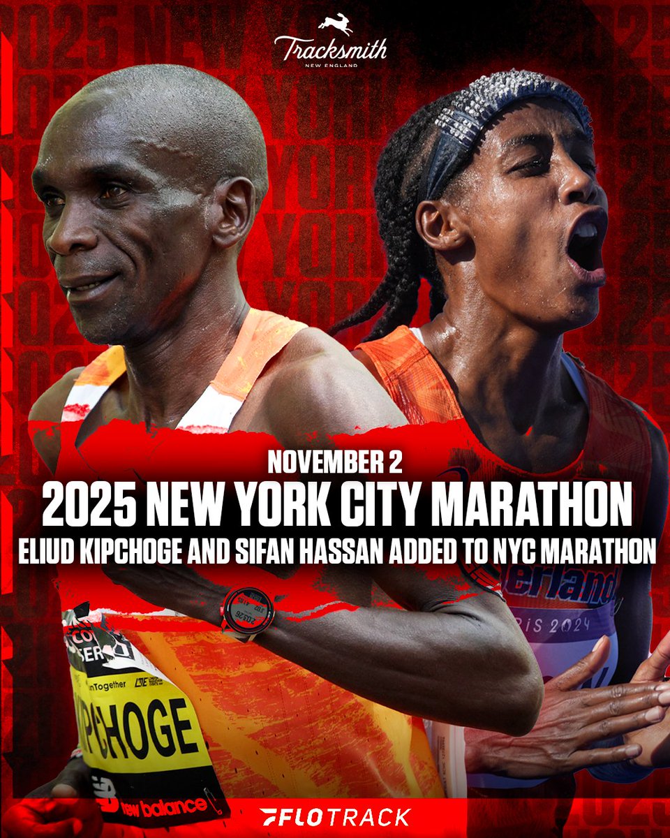 FloTrack's tweet photo. 🚨 BREAKING 🚨 Eliud Kipchoge and Sifan Hassan have been added to the 2025 NYC Marathon on November 2.

This will be Kipchoge's first time racing at the NYC Marathon, and it is the only world major that he has not raced yet in his storied career.

For Hassan, it will also be her NYC Marathon debut. She recently set the Sydney Marathon event record and became the first woman to break 2:20 on Australian soil.

They'll join stacked fields in their respective divisions.

#NYCMarathon2025 coverage presented by @tracksmith