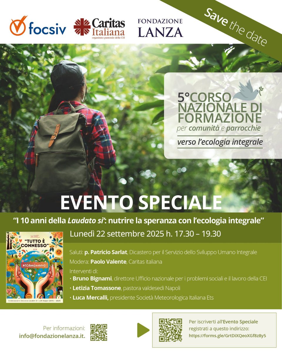 🌿 I 10 ANNI DELLA LAUDATO SI’ | Corso di ecologia integrale 🌼 Il 22 settembre un EVENTO SPECIALE

🌿 Luca Mercalli e Letizia Tomassone, con p. P. Sarlat e don B. Bignami (modera 🎤P. Valente), inaugurano il CORSO DI ECOLOGIA INTEGRALE.

👉🏻 Tutte le info: caritas.it/dieci-anni-con…