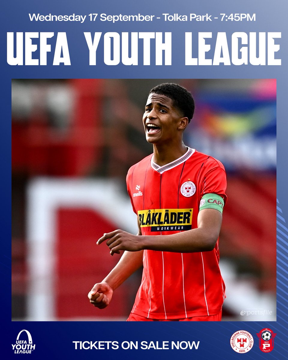 shelsfc's tweet image. 𝗨𝗘𝗙𝗔 𝗬𝗼𝘂𝘁𝗵 𝗟𝗲𝗮𝗴𝘂𝗲 𝗶𝗻 𝗧𝗼𝗹𝗸𝗮 𝗣𝗮𝗿𝗸

Shelbourne FC UEFA Youth League squad welcomes FK Rabotnicki to Tolka Park Wednesday September 17th to kick start their UEFA Youth League campaign. 🏟️

Tickets on sale now, €5 on shelbournefc.ie/match-tickets/…

#DublinsFinest |…