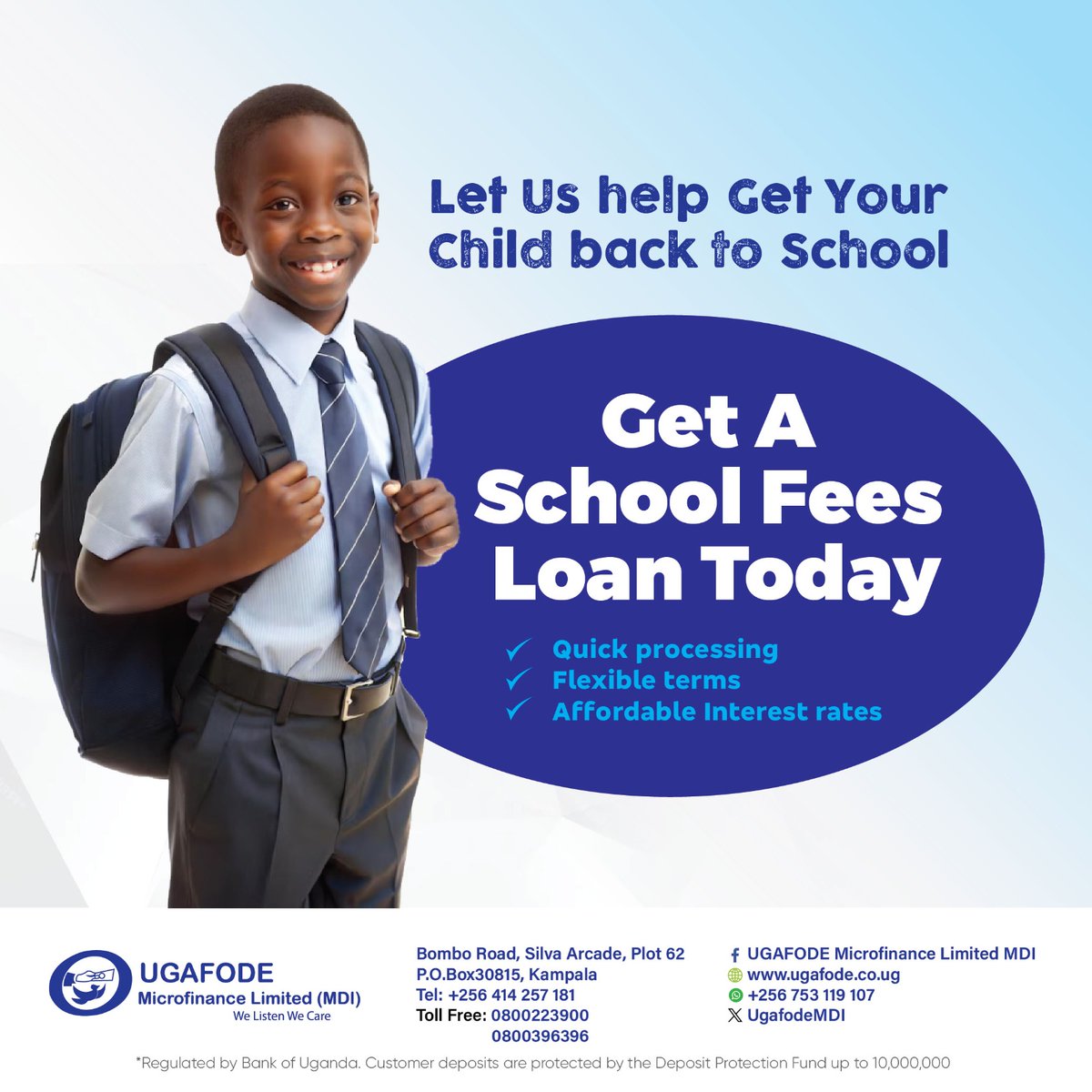 UGAFODE Microfinance (@ugafodemdi) on Twitter photo Need help with school fees?
UGAFODE’s School Fees Loan offers:
✅ Quick processing
✅ Flexible terms
✅ Affordable rates
Secure your child’s education today!
Call toll-free: 0800 223 900 <a href="/ShafiNambobi/">Shafi Nambobi</a>
#UGAFODE #SchoolFeesLoan #EducationForAll Need help with school fees?
UGAFODE’s School Fees Loan offers:
✅ Quick processing
✅ Flexible terms
✅ Affordable rates
Secure your child’s education today!
Call toll-free: 0800 223 900 <a href="/ShafiNambobi/">Shafi Nambobi</a>
#UGAFODE #SchoolFeesLoan #EducationForAll