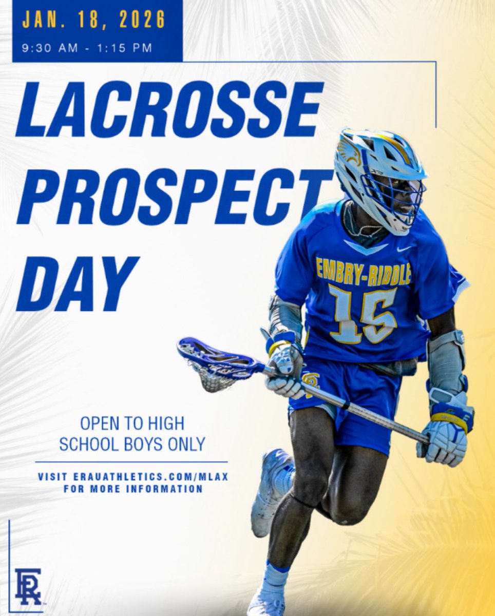 Embry-Riddle Men’s Lacrosse (@eraumlax) on Twitter photo 🚨 Prospect Day Announcement 🚨
Join us at Embry-Riddle on January 18, 2026 for our Men’s Lacrosse Prospect Day! 🥍
Don’t miss your chance to showcase your skills and experience what it’s like to be an Eagle. ✈️
🔗 Register now: erauathletics.com/mlax 🚨 Prospect Day Announcement 🚨
Join us at Embry-Riddle on January 18, 2026 for our Men’s Lacrosse Prospect Day! 🥍
Don’t miss your chance to showcase your skills and experience what it’s like to be an Eagle. ✈️
🔗 Register now: erauathletics.com/mlax