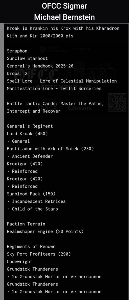 Best Seraphon GT list from last weekend:

Michael Bernstein 4-1 at OFCC GT with Lord Kroak, 12 Kroxigor, and the KO Regiment of Renown.

Note the new Sunblood Pack! Nice load out on them to make them extra annoying to kill!