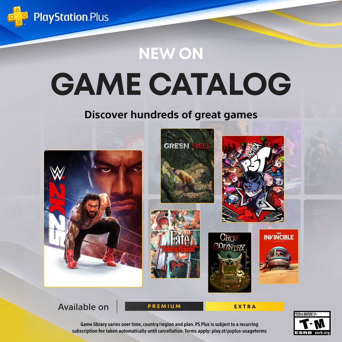 The PlayStation Plus Game Catalog lineup for September includes:

🤼 WWE 2K25
💥 Persona 5 Tactica
🐊 Green Hell
⚔️ Fate/Samurai Remnant
…and more. Full details: play.st/4nqFBT0