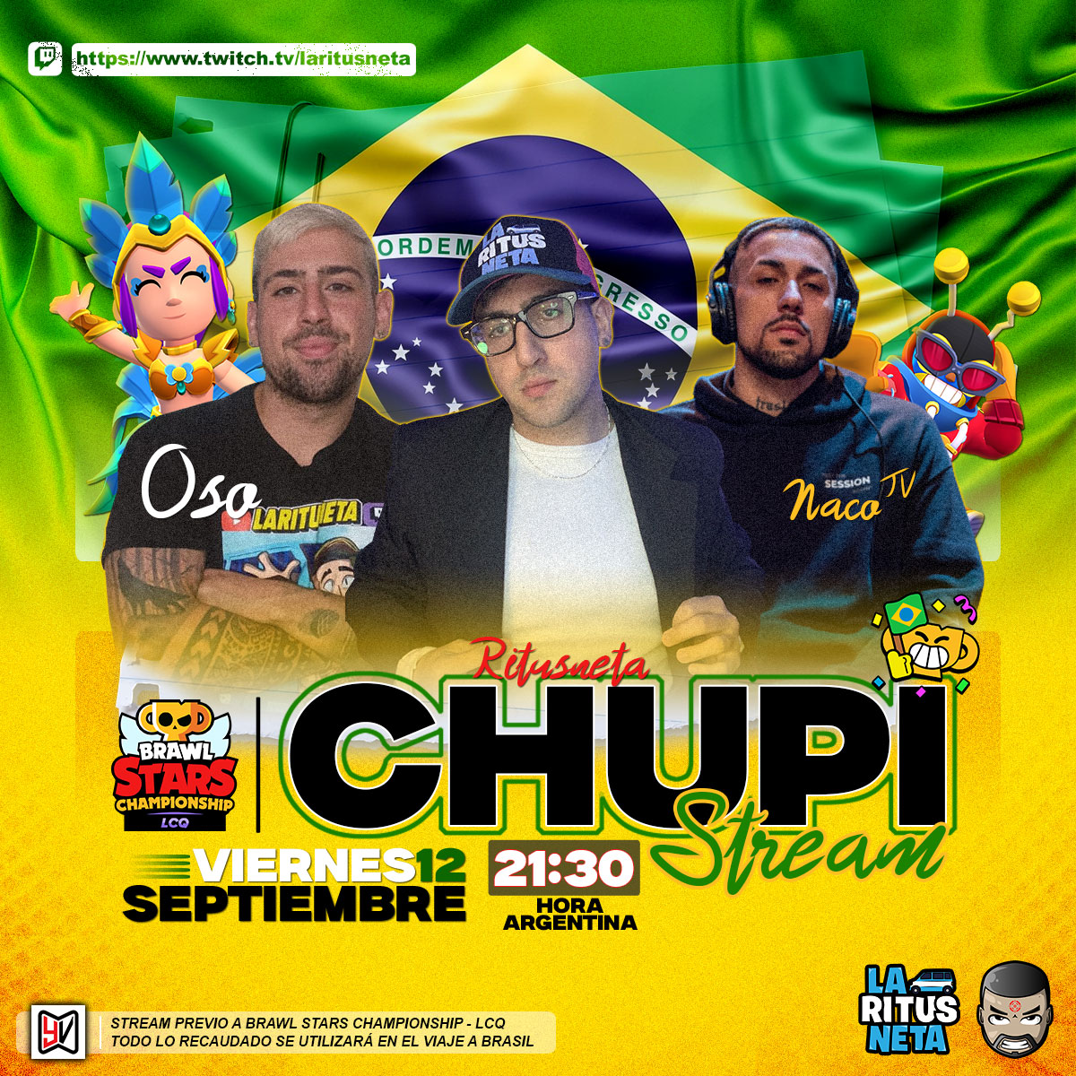 LaRitusneta's tweet photo. Este viernes 12/9 a las 21 30 hs
Llega el crossover más esperado.. @LaRitusneta x @NacoTV_ , ambos compartiremos la experiencia del lcq juntos, proponemos este CHUPISTREAM para juntar y destinar todo lo recaudado a gastos en el LCQ🇧🇷 como el gospedaje y +
Tendremos objetivos y metas en el directo como chupitos, reto picante , ruleta y mucho +
Los esperamos en mí canal de twitch..
Muchas gracias a @Miyaguisan04 por el tremendo flyer