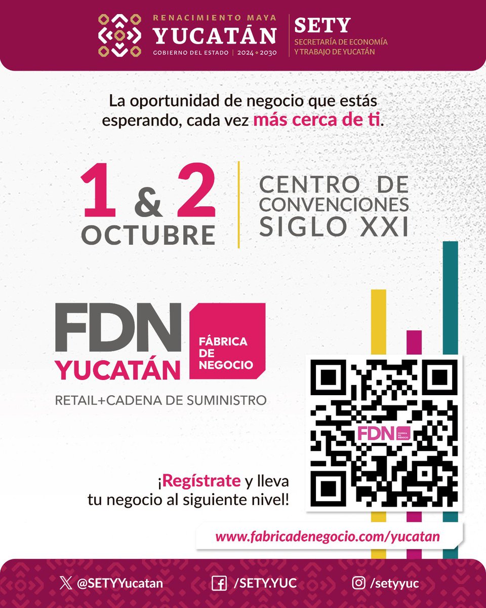 Conecta tu negocio con grandes cadenas en Fábrica de Negocio Yucatán.
📅 1 y 2 de octubre | Siglo XXI
🔗 Regístrate gratis: fabricadenegocio.com/yucatan

#SETY #RenacimientoMaya #FDNYucatán