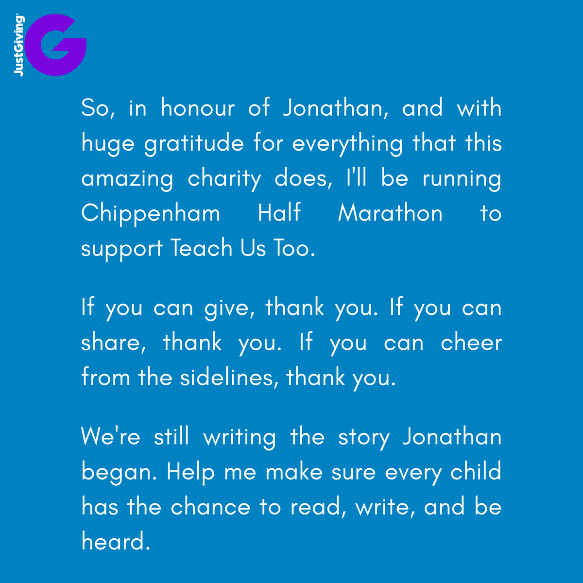 TeachUsToo's tweet image. Grace is running a half marathon to raise funds for Teach Us Too, keeping his legacy alive &amp;amp; championing literacy for non-speaking children.
Support her here 👉 ow.ly/GYk850WUEgI

#TeachUsToo #InMemory #Fundraising #HalfMarathon #InclusiveLiteracy