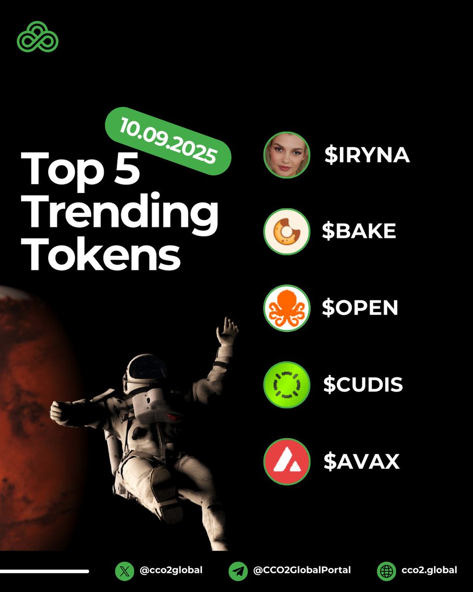 CCO2Global's tweet image. Here are the Top 5 Trending Tokens for today 🚀🔥

🟢 Justice for Iryna - $IRYNA
🟢 BakeryToken - $BAKE
🟢 Open Ledger - $OPEN
🟢 Cudis - $CUDIS
🟢 Avalanche - $AVAX

Which one are you keeping an eye on? Let us know in the comments below! 👇

#cco2 #sustainability #carbon