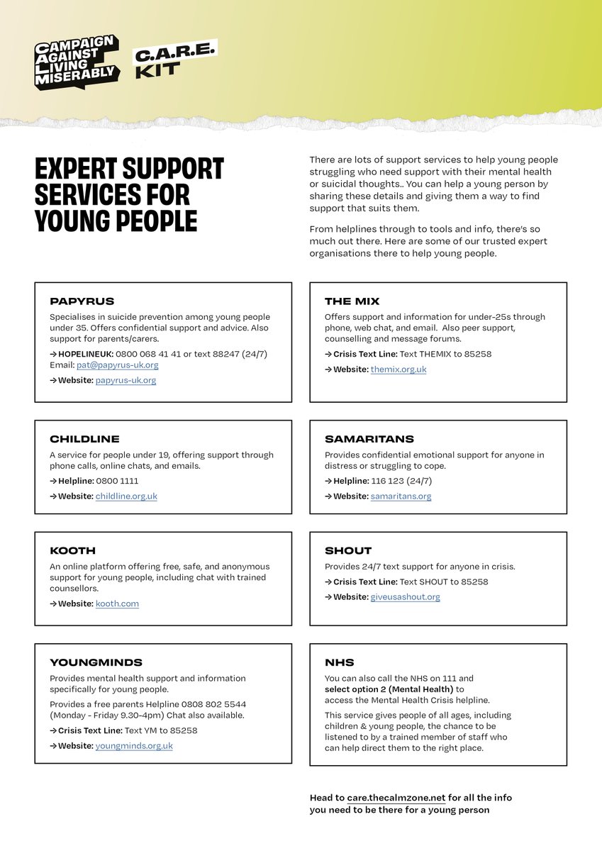 Today is World Suicide Prevention day, part of Suicide Prevention Month. Over the coming days we'll be sharing a variety of useful tools but for today, here is an incredible list of support services for young people from <a href="/theCALMzone/">CALM</a>. We encourage you to share them.