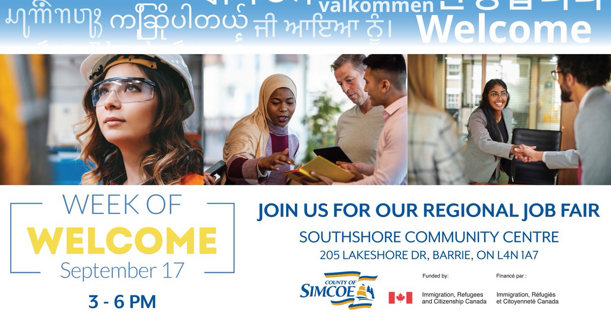 simcoecounty's tweet photo. Sept 17 at Southshore Community Centre, Barrie!
🧭 10AM–1PM: Connect with local services at the Social Service Fair
💼 3–6PM: Meet 30+ employers at the Regional #JobFair
🎟️Free admission &amp; parking!
🔗 https://t.co/Iu6jPD0fKE
#WeekOfWelcome #SimcoeCounty @citimmcanada https://t.co/GD4188kQYB
