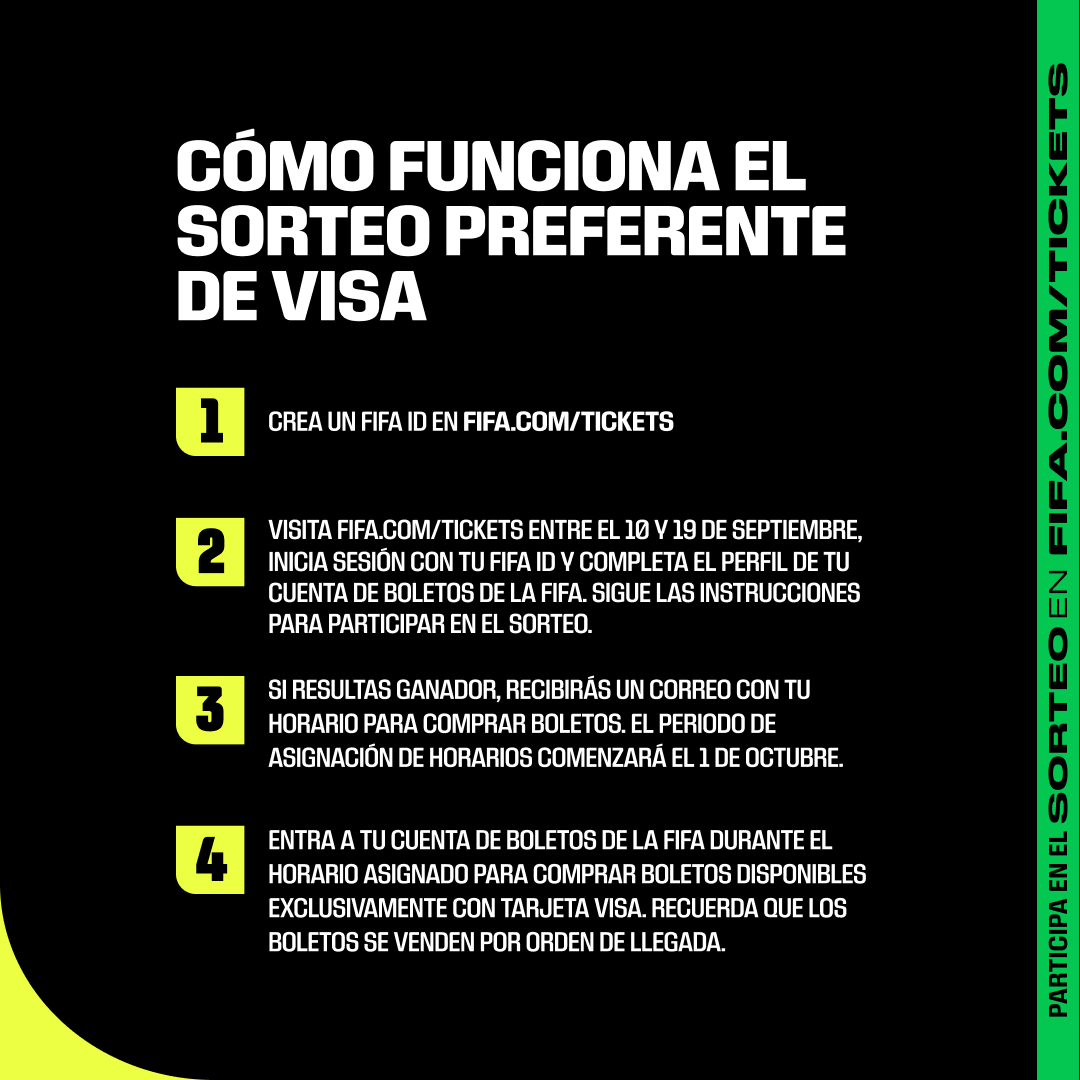 fifaworldcup_es's tweet photo. ¡Tu camino a la #CopaMundialFIFA comienza aquí! 🌎⚽

Abierto a titulares de Visa mayores de 18 años.
Sin necesidad de compra.
Participa del 10/9 al 19/9 en el enlace abajo.

Los ganadores recibirán un turno para comprar entradas (sujeto a disponibilidad) con una tarjeta Visa.