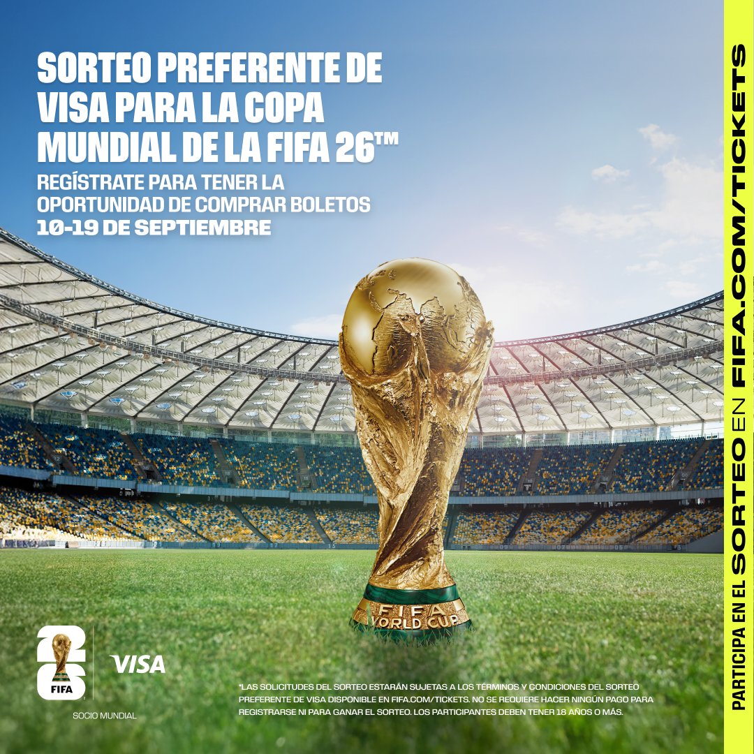 fifaworldcup_es's tweet photo. ¡Tu camino a la #CopaMundialFIFA comienza aquí! 🌎⚽

Abierto a titulares de Visa mayores de 18 años.
Sin necesidad de compra.
Participa del 10/9 al 19/9 en el enlace abajo.

Los ganadores recibirán un turno para comprar entradas (sujeto a disponibilidad) con una tarjeta Visa.