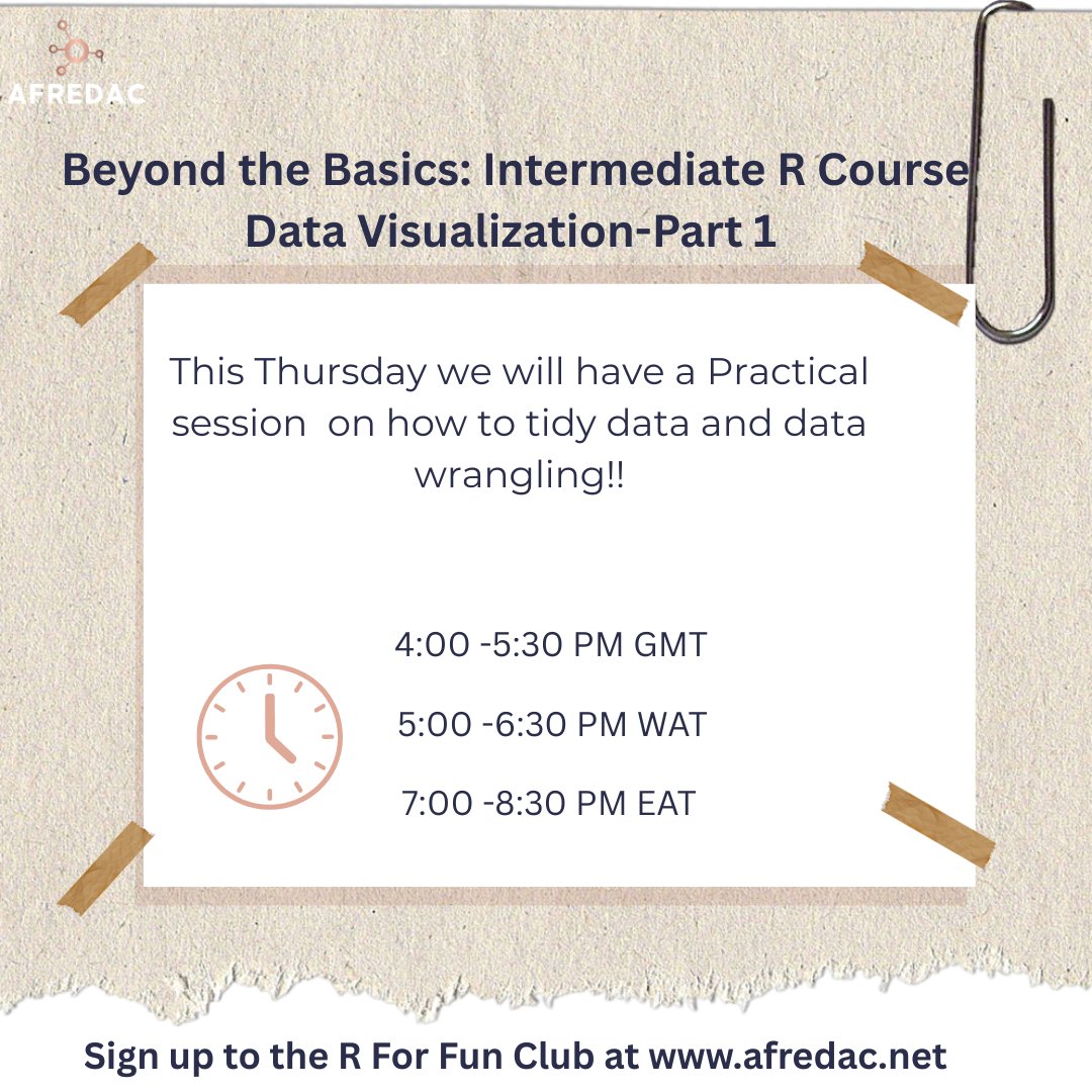 Use the link below to take part in the training:

zoom.us/j/94189312370?…

#AFREDAC #AfredacUbuntuPlatfom #RforFunClub #Rprogramming #datavisualization #programmer #Datascientist