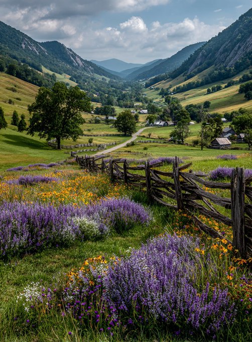A scenic mountain valley with rolling green hills and distant peaks under a partly cloudy sky. A rustic wooden fence runs across a field filled with purple and yellow wildflowers. A winding dirt road stretches through the valley, flanked by scattered trees and small houses.